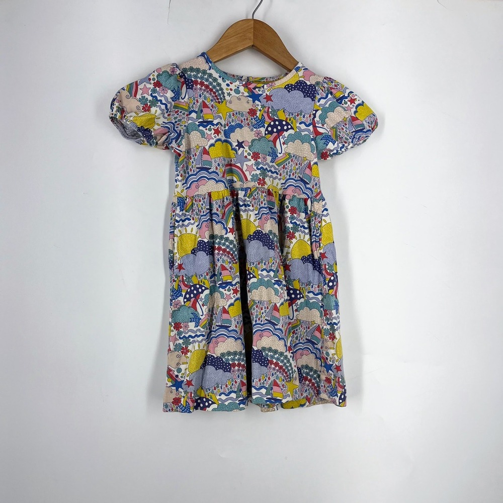 Mini Boden Girls Whimsical Rainbow Cloud Sailboat Print Cotton Dress Size 5-6Y